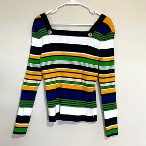 Tommy Hilfiger Striped Square Neck Sweater Yellow Blue White Size XL